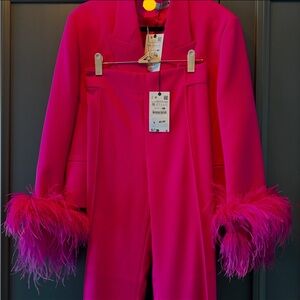 Vibrant Pink Feather Cuff Blazer and Pants Set